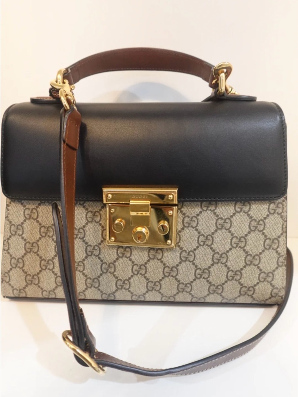 Gucci Black Leather & Beige GG Supreme Top Handle Satchel with Gold Hardware